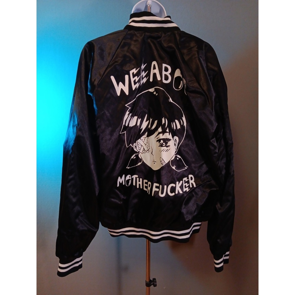 Omocat Weeaboo Bomber Jacket Rare 2014 Augusta Satin Black Nylon Snap Up L